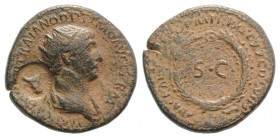 Trajan (98-117). Æ Dupondius (24mm, 8.51g, 6h). Rome, AD 115. Radiate and draped bust r.; c/m: bucranium within incuse punch. R/ SC within laurel wrea...