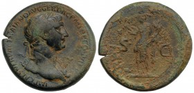 Trajan (98-117). Æ Sestertius (35mm, 27.68g, 6h). Rome, 114-6. Laureate and draped bust r. R/ Felicitas standing l., holding caduceus and cornucopia. ...