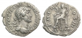 Hadrian (117-138). AR Denarius (19.5mm, 2.83g, 7h). Rome, 119-125. Laureate, draped and cuirassed bust r. R/ Libertas seated l., holding branch and sc...