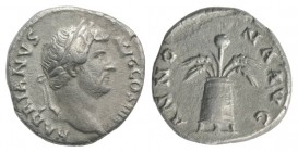 Hadrian (117-138). AR Denarius (16mm, 3.15g, 6h). Rome, c. 134-8. Laureate head r. R/ Modius holding four stalks of grain and one poppy. RIC II 230; R...