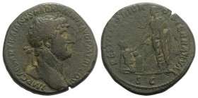 Hadrian (117-138). Æ Sestertius (33mm, 25.77g, 6h). Rome, c. 120-2. Laureate bust r., slight drapery. R/ Hadrian standing l., holding volumen and exte...