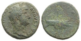 Hadrian (117-138). Æ As (25mm, 11.19g, 6h). Rome, 124-8. Laureate bust r., slight drapery. R/ Galley r. with four oarsmen; arched cabin at stern. RIC ...