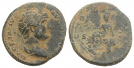 Hadrian (117-138). Æ As (24mm, 7.90g, 6h). Rome, 125-8. Laureate and draped bust r., seen from behind. R/ Tyche seated l. on rocks, holding grain ears...