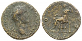Antoninus Pius (138-161). Æ Sestertius (33mm, 26.06g, 6h). Rome, c. 141-3. Laureate head r. R/ Ops seated l., holding sceptre and adjusting mantle on ...