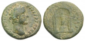 Antoninus Pius (138-161). Æ As (26mm, 9.72g, 11h). Rome, 157-8. Laureate head r. R/ Figure standing on cippus within distyle temple. RIC III 995. Gree...