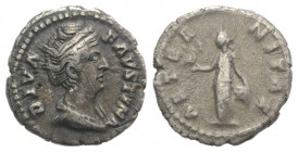 Diva Faustina Senior (died 140/1). AR Denarius (17mm, 2.92g, 6h). Rome, after AD 146. Diademed and draped bust r. R/ Aeternitas standing l., holding p...