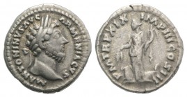 Marcus Aurelius (161-180). AR Denarius (18mm, 3.41g, 6h). Rome, AD 165. Laureate head r. R/ Annona standing l., holding cornucopia and grain ears over...