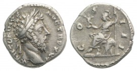 Marcus Aurelius (161-180). AR Denarius (18mm, 3.32g, 12h). Rome, AD 171. Laureate head r. R/ Roma seated l. on cuirass, holding Victory and spear. RIC...