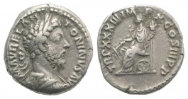 Marcus Aurelius (161-180). AR Denarius (18mm, 3.64g, 6h). Rome, AD 180. Laureate, draped and cuirassed bust r. R/ Fortuna seated l., holding rudder an...