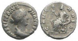 Faustina Junior (Augusta, 147-175). AR Denarius (16mm, 2.84g, 6h). Rome, 152-3. Draped bust r. R/ Concordia seated l., holding flower and resting l. e...