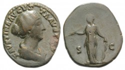 Faustina Junior (Augusta, 147-175). Æ As (26mm, 11.67g, 6h). Rome, 145-6. Draped bust r. R/ Diana standing facing, head turned l., holding arrow and b...