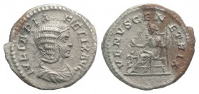 Julia Domna (Augusta, 193-217). AR Denarius (19mm, 2.24g, 1h). Rome, 215-7. Draped bust r. R/ Venus seated l., extending hand and holding sceptre. RIC...