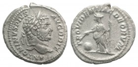 Caracalla (198-217). AR Denarius (19mm, 3.21g, 12h). Rome, 210-3. Laureate head r. R/ Providentia standing l., holding wand over globe and sceptre. RI...