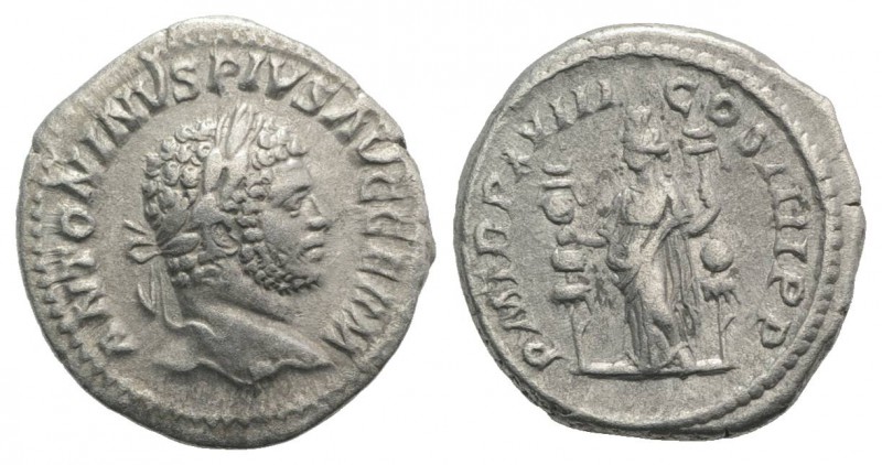 Caracalla (198-217). AR Denarius (18.5mm, 3.06g, 6h). Rome, AD 215. Laureate hea...