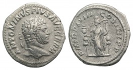 Caracalla (198-217). AR Denarius (18.5mm, 3.06g, 6h). Rome, AD 215. Laureate head r. R/ Fides standing l., holding a standard in each hand. RIC IV 266...