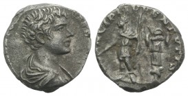 Geta (Caesar, 198-209). AR Denarius (15mm, 3.10g, 6h). Rome, 200-5. Bareheaded and draped bust r. R/ Geta standing l., holding baton and sceptre; trop...