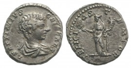 Geta (Caesar 198-209). AR Denarius (17mm, 2.54g, 6h). Laodicea, AD 198. Bare-headed and draped. R/ Felicitas standing l., holding caduceus and cornuco...