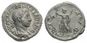 Severus Alexander (222-235). AR Denarius (19mm, 3.35g, 6h). Rome, AD 226. Laureate and draped bust r. R/ Pax advancing l., holding branch and sceptre....