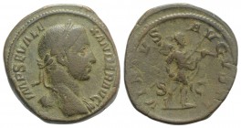 Severus Alexander (222-235). Æ Sestertius (32mm, 22.19g, 12h). Rome, AD 228. Laureate bust r., slight drapery. R/ Romulus advancing r., holding spear ...