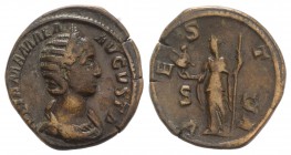 Julia Mamaea (Augusta, 222-235). Æ Sestertius (32mm, 18.73g, 12h). Rome, AD 226. Draped bust r., wearing stephane. R/ Vesta standing l., holding palla...