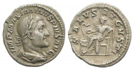 Maximinus I (235-238). AR Denarius (18mm, 2.80g, 6h). Rome, AD 236. Laureate, draped and cuirassed bust r. R/ Salus seated l., feeding from patera a s...