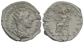 Gordian III (238-244). AR Antoninianus (22mm, 3.74g, 12h). Rome, AD 242. Radiate, draped and cuirassed bust r. R/ Apollo seated l., holding branch and...
