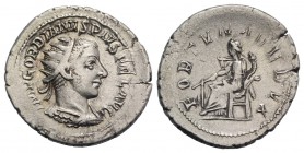 Gordian III (238-244). AR Antoninianus (25mm, 4.39g, 7h). Antioch, AD 243. Radiate, draped and cuirassed bust r., seen from behind. R/ Fortuna seated ...