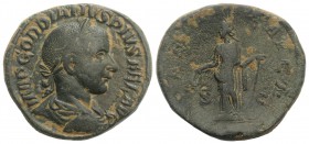 Gordian III (238-244). Æ Sestertius (30mm, 17.04g, 12h). Rome, AD 241. Laureate, draped and cuirassed bust r. R/ Laetitia standing facing, head l., ho...