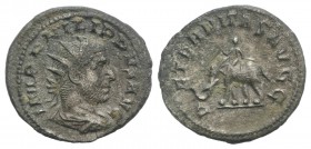 Philip I (244-249). AR Antoninianus (22.5mm, 4.03g, 12h). Rome, AD 249. Radiate, draped and cuirassed bust r. R/ Elephant advancing l., guided by maho...