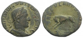 Philip I (244-249). Æ Sestertius (28mm, 13.11g, 12h). Rome, AD 249. Laureate, draped and cuirassed bust r. R/ She-wolf standing l., head r., suckling ...