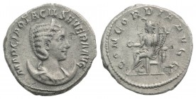 Otacilia Severa (Augusta, 244-249). AR Antoninianus (22mm, 4.10g, 12h). Rome, AD 247. Draped bust r., wearing stephane, set on crescent. R/ Concordia ...