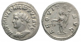Philip II (247-249). AR Antoninianus (21mm, 4.05g, 6h). Antioch. Radiate, draped and cuirassed bust l. R/ Aequitas standing l., holding scales and cor...
