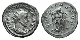 Volusian (251-253). AR Antoninianus (22mm, 4.32g, 12h). Rome, AD 252. Radiate, draped and cuirassed bust r. R/ Felicitas standing l., holding long cad...