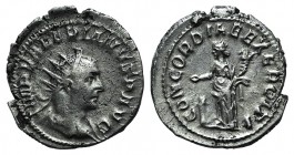 Valerian I (253-260). AR Antoninianus (23mm, 3.21g, 12h). Mediolanum. Radiate and draped bust r. R/ Concordia standing l., sacrificing over altar and ...