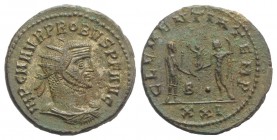 Probus (276-282). Radiate (20mm, 4.07g, 6h). Antioch, AD 280. Radiate, draped and cuirassed bust r. R/ Emperor standing r., holding sceptre, receiving...