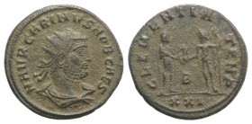 Carinus (283-285). Radiate (20mm, 3.86g, 6h). Cyzicus, 282-3. Radiate, draped and cuirassed bust r. R/ Emperor standing r., holding sceptre and receiv...