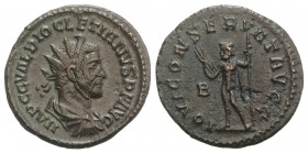 Diocletian (284-305). Radiate (22mm, 3.81g, 6h). Lugdunum, 285-286. Radiate, draped and cuirassed bust r. R/ Jupiter standing facing, head l., holding...