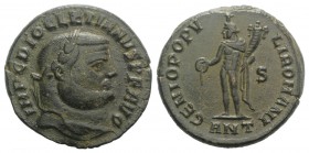 Diocletian (284-305). Æ Follis (26mm, 10.16g, 6h). Antioch, 299-300. Laureate head r. R/ Genius standing facing, head l., holding cornucopia and pater...