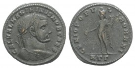 Maximinus II (Caesar, 305-309). Æ Follis (28mm, 10.25g, 12h). Heraclea, 305-7. Laureate head r. R/ Genius standing l., holding patera and cornucopiae;...