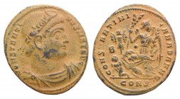 Constantine I (307-337). Æ Follis (20mm, 2.66g, 6h). Constantinople, AD 328. Diademed, draped and cuirassed bust r. R/ Victory seated l. on cippus, lo...