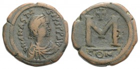 Anastasius I (491-518). Æ 40 Nummi (26mm, 11.95g, 6h). Constantinople, 498-518. Diademed, draped and cuirassed bust r. R/ Large M; cross above; CON. M...