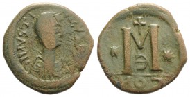 Justin I (518-527). Æ 40 Nummi (33mm, 15.54g, 6h). Contemporary imitation of a Constantinople mint issue. Diademed, draped and cuirassed bust r. R/ La...