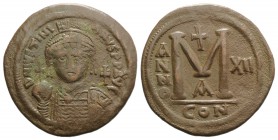 Justinian I (527-565). Æ 40 Nummi (41mm, 20.57g, 6h). Constantinople, year 12 (538/9). Diademed, helmeted and cuirassed facing bust, holding globus cr...