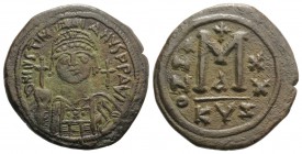 Justinian I (527-565). Æ 40 Nummi (37mm, 19.28g, 6h) Cyzicus, year 20 (546/7). Diademed, helmeted and cuirassed bust facing, holding globus cruciger; ...