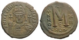 Justinian I (527-565). Æ 40 Nummi (35mm, 18.67g, 6h). Theoupolis (Antioch), year 22 (548/9). Facing helmed and cuirassed bust, holding globus cruicige...