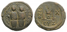 Justin II and Sophia (565-578). Æ 40 Nummi (29mm, 12.30g, 6h). Cyzicus, year 10 (574/5). Justin, holding globus cruciger, and Sophia, holding crucifor...