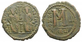 Justin II and Sophia (565-578). Æ 40 Nummi (31mm, 13.30g, 6h). Theoupolis (Antioch), year 6 (570/1). Justin and Sophia enthroned facing, holding globu...