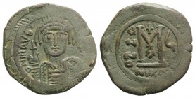 Maurice Tiberius (582-602). Æ 40 Nummi (32mm, 12.41g, 6h). Nicomedia, year 6 (587/8). Helmeted and cuirassed bust facing, holding globus cruciger and ...