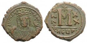 Maurice Tiberius (582-602). Æ 40 Nummi (29mm, 11.28g, 6h). Antioch, year 20 (601/2). Facing bust, holding mappa and sceptre. R/ Large M; date across f...