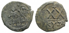 Phocas (602-610). Æ 20 Nummi (25mm, 6.27g, 6h). Cyzicus, 602/3. Full-length figures of Phocas and Leontia standing facing, holding globus cruciger and...